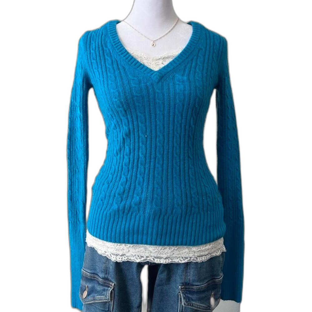 american eagle cable knit sweater teal blue v neck
